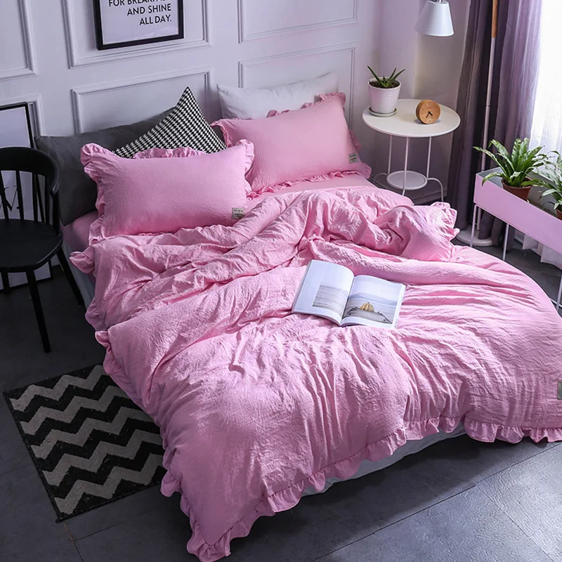 السماء الأزرق طقم سرير لينة غسلها غطاء لحاف من القطن مجموعة 4 قطعة/المجموعة المنزل السرير الصلبة الكتان مجموعة نضارة أغطية الكبار ورقة مسطحة