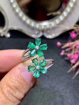 

Luxurious Flower Natural green Emerald Ring Natural gemstone Opening Adjustable ring S925 silver women party girl gift Jewelry