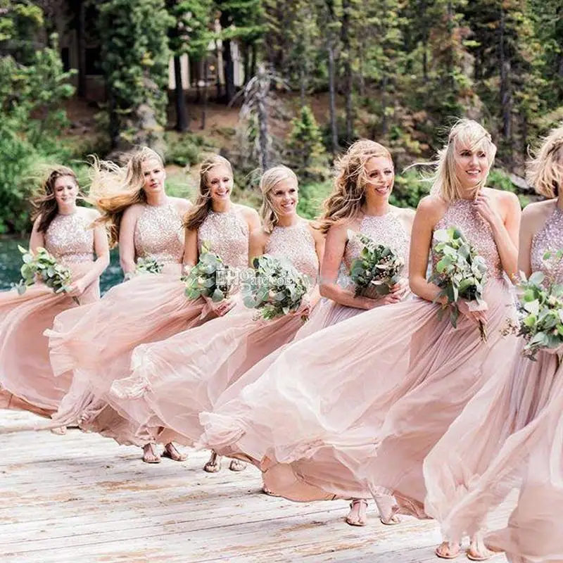 

2019 New Blush Pink A Line Long Bohemian Bridesmaid Dresses Halter Beading Chiffon Skirt Country Maid of Honor Dress Beach