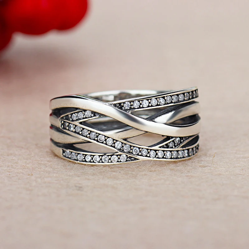 Переплетенный подлинный серебристый цвет прозрачный Циркон бренд кольцо Совместимо с модными ювелирными изделиями обручальные кольца для женщин