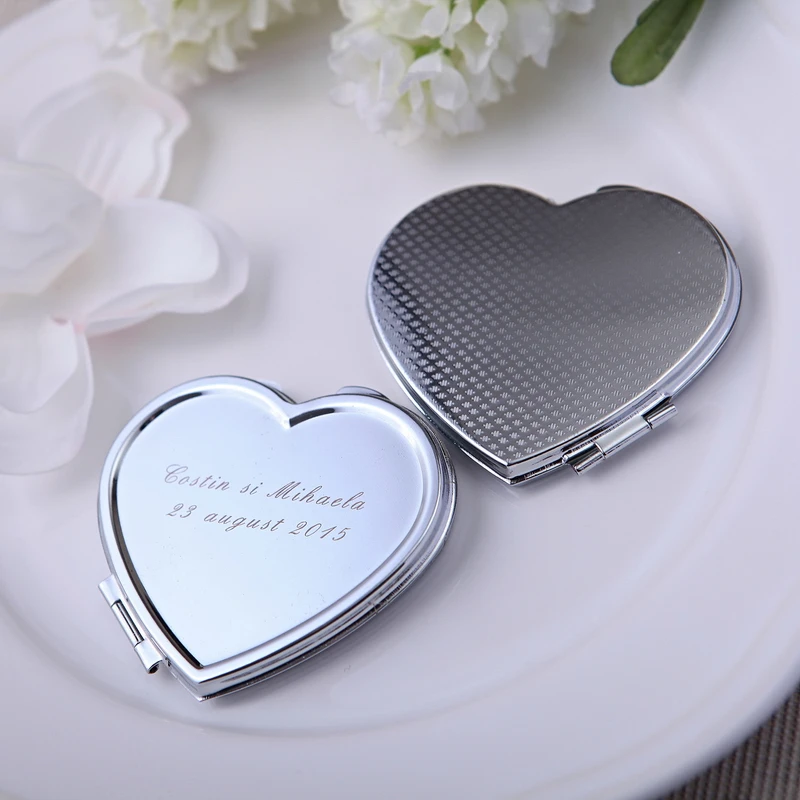 Personalized Heart Shape Compact Mirror in Black Velvet Bag Wedding Bridal Shower Party Girl Gift favor Present