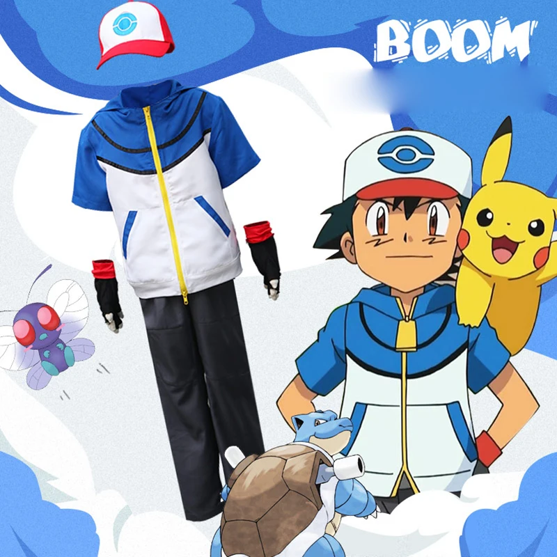 Aangepaste Pocket Monster Kostuum Satoshi Set Omvat Shirt Jasje + handschoenen + Hoed Anime Team Trainer voor Vrouwen Mannen Kids Aangepaste Pocket Monster Kostuum Satoshi Set Omvat Shirt Jasje + handschoenen + Hoed Anime Team Trainer voor Vrouwen Mannen Kids