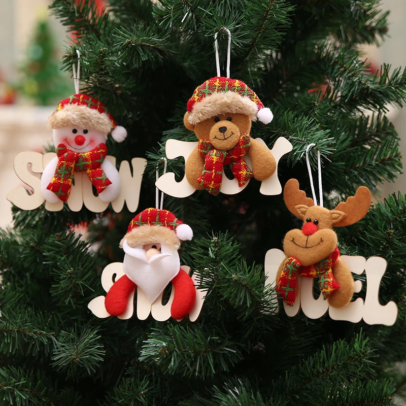 

4Pcs Wooden Alphabet Pendants Christmas Tree Decorations Hanging Ornaments Santa Claus Snowman Elk Bear New Year Decor Christmas