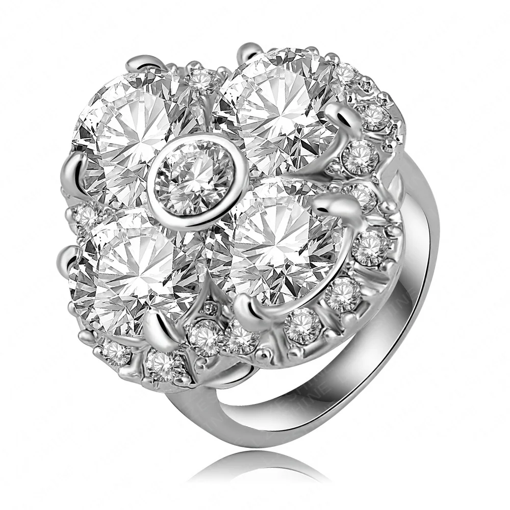 Hot Sale Fashion Clear Crystal Flower Ring Silver Color Genuine