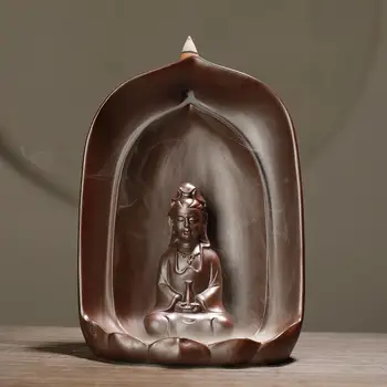 

Chinese Guanyin Buddha Incense Holder Retro Ceramic Lotus Smoke Waterfall Backflow Incense Burner Purple Sand Buddha Home Decor