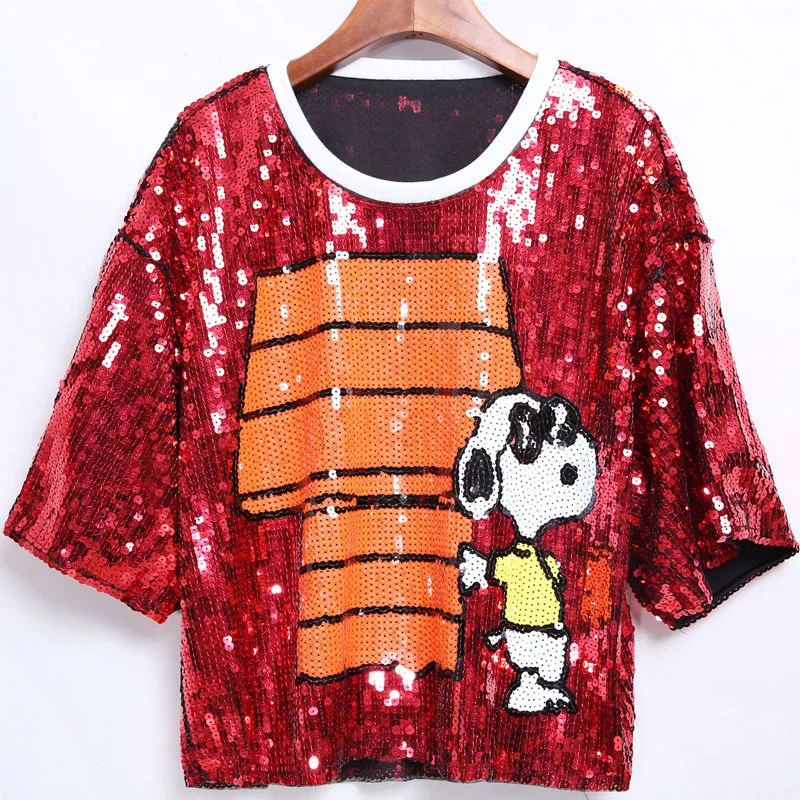 

European style women's short sleeves T-shirts NEW 2019 summer loose sequins bling bling Tee Tops A328