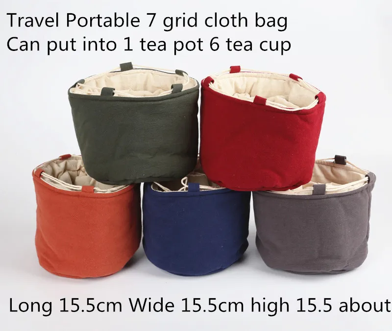 

Tea Set Portable Fabric Storage Bag Travel Drawstring 1 Tea Pot 6 Tea cup 7 grid Bag Handmade Cotton Linen Cloth Bag 1pcs