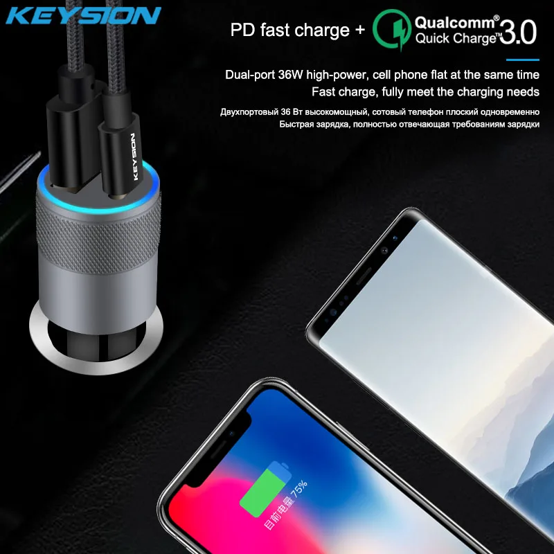 KEYSION 2 ميناء USB-C PD سريع سيارة شاحن ل فون XS ماكس XR 8 زائد QC 3.0 سريعة تهمة سيارة شحن لسامسونج S9 ل Xiaomi