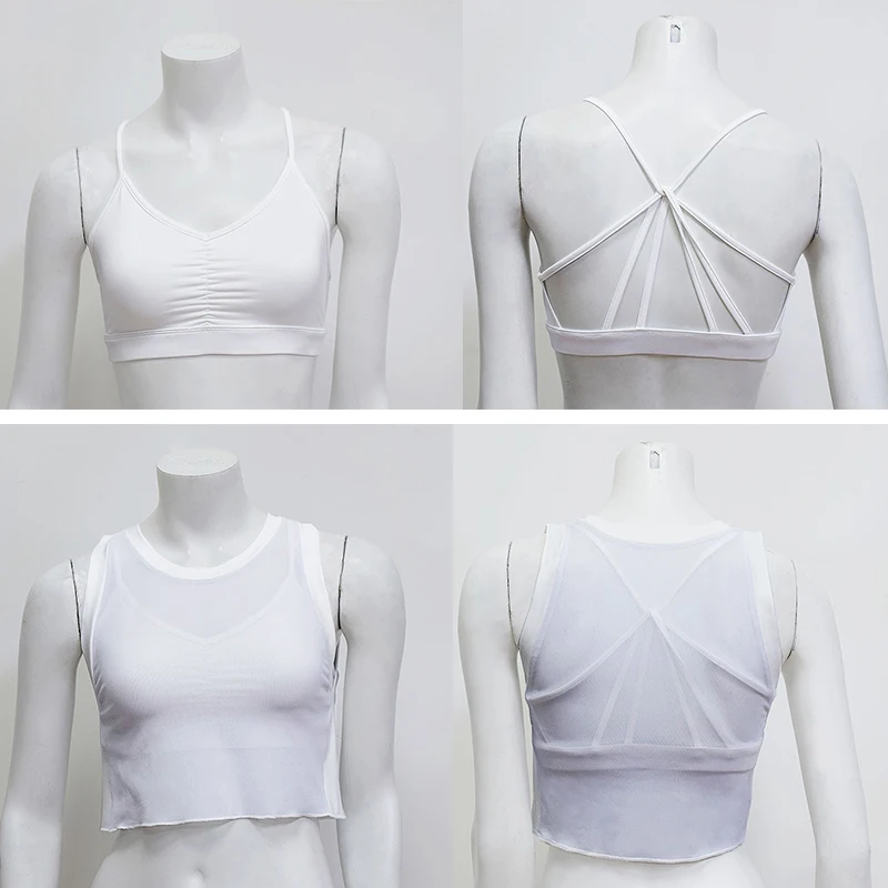 Woman Sportwear Top Bra Fitness 2 pieces Mesh Yoga Shirt+Bra Sexy Criss Cross Sports Top Women Active Wear Gym Clothing,ZF235