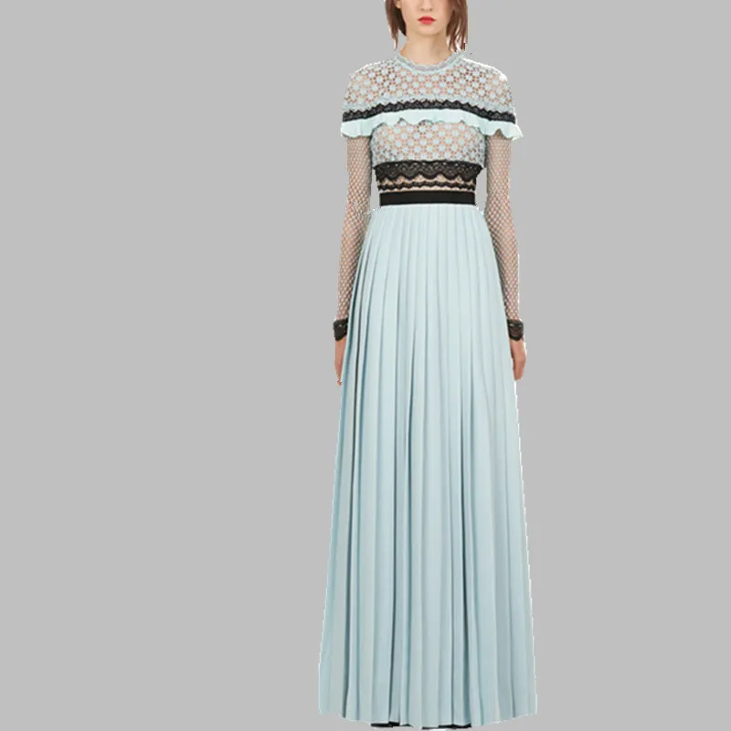 

Self Portrait Dress 2019 New Spring Hollow Out Lace Dresses women Long Sleeve High Waist Side Split Patchwork Maxi Dress