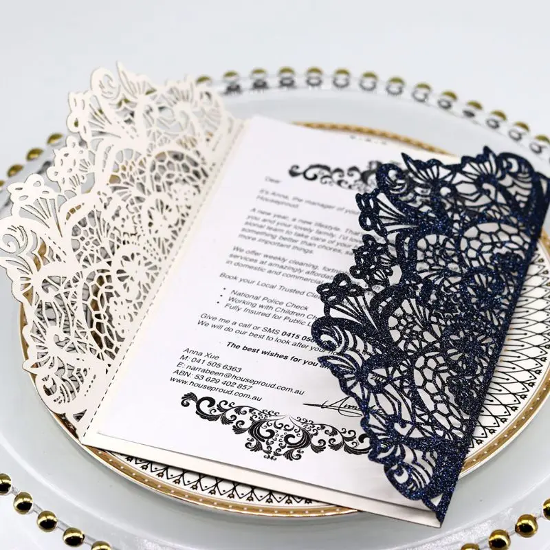  10pcs/set Laser Cut Glitter Lace Wedding Invitation Cards With Bow Ribbon Envelopes For Bridal Show - 33049625418