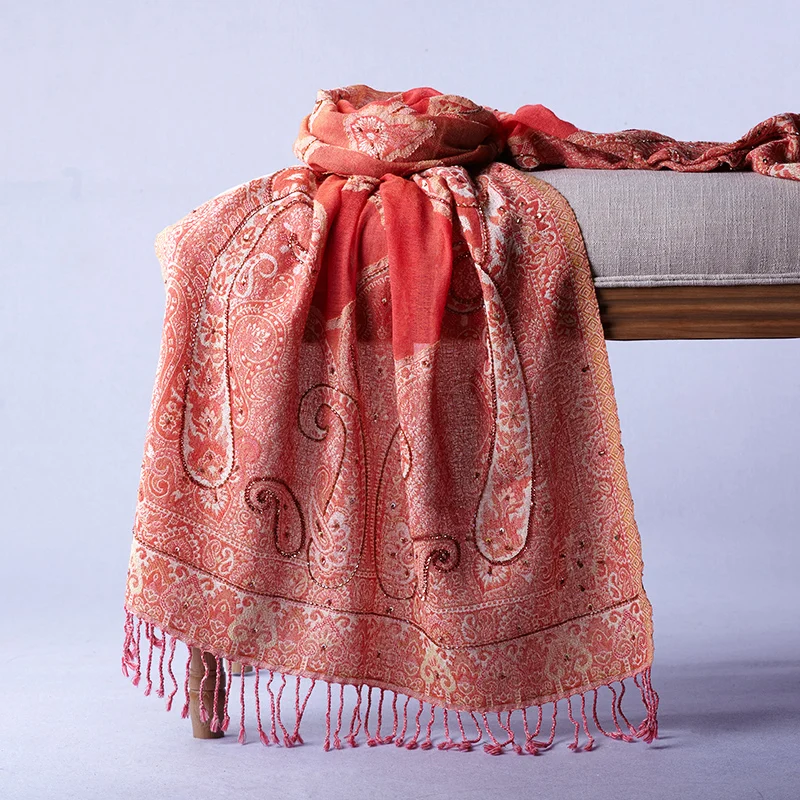 Индийский ручной хиджаб шарф женский бисерный Национальный Ветер путешествия теплый шерстяной платок женский экстравагантный шарф нагрудник - Color: Orange