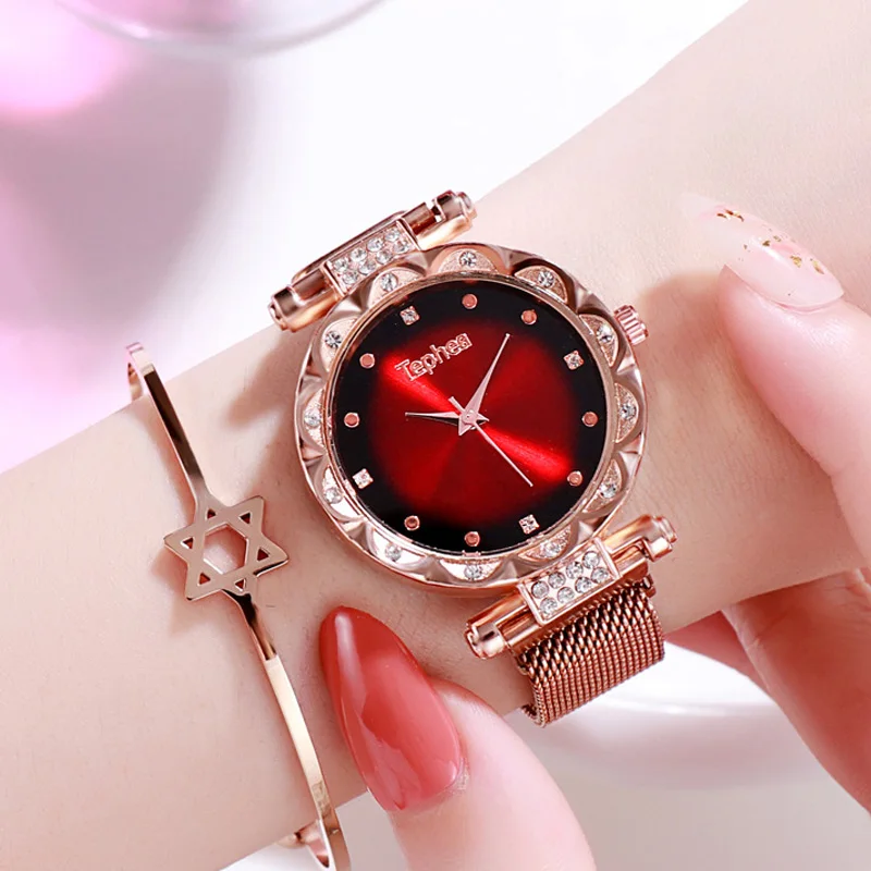 

Women Magnetic Watch Luxury Rose Gold Red Starry Sky Gradient Female Wristwatches Waterproof Ladies Clock relogio feminino 2019