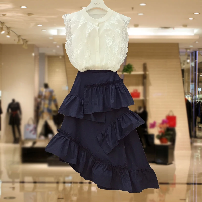 

2019 Summer Fashion Women's Lace Patchwork Knitted Vest Tops Cardigan + Sexy Split Ruffles Irregular Skirts Two Pieces Sets