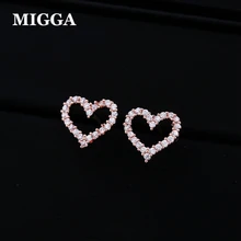 Miga brincos de coração de cristal de zircônia, brincos femininos e meninas clássicos de presente em ouro rosado