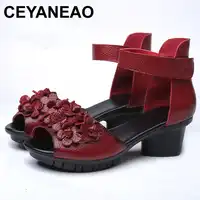 CEYANEAOHigh 品質本物のレザーシューズ夏のサンダル med ハイヒールの靴ファッション花の靴女性パーティー GiftE970