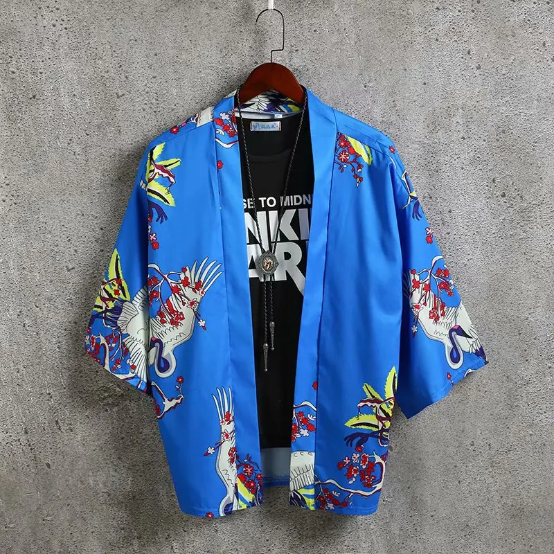 

Men Summer Loose Cotton Kimono Jacket Streetwear Open Stitch 3/4 Sleeve Cardigan Japanese Style Harajuku Coat