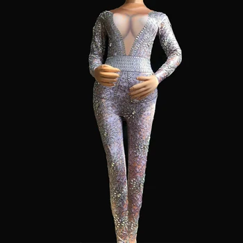 

Sparkly Crystals Jumpsuit Women Sexy Nude Leggings Bodysuit Dj Costume Dance Stage Wear Female Singer Big Stretch Outfit DJ302