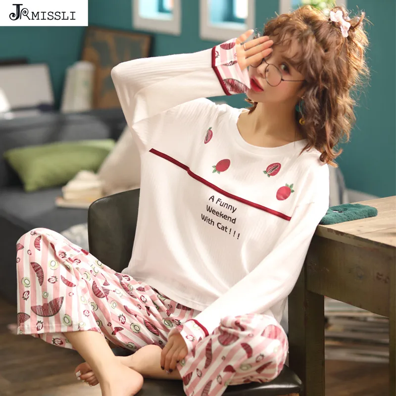 

JRMISSLI Autumn Women Cotton Pajamas Set Plus Size M-XXL Cute Strawberry Long Sleeve Pyjama Pajama For Female