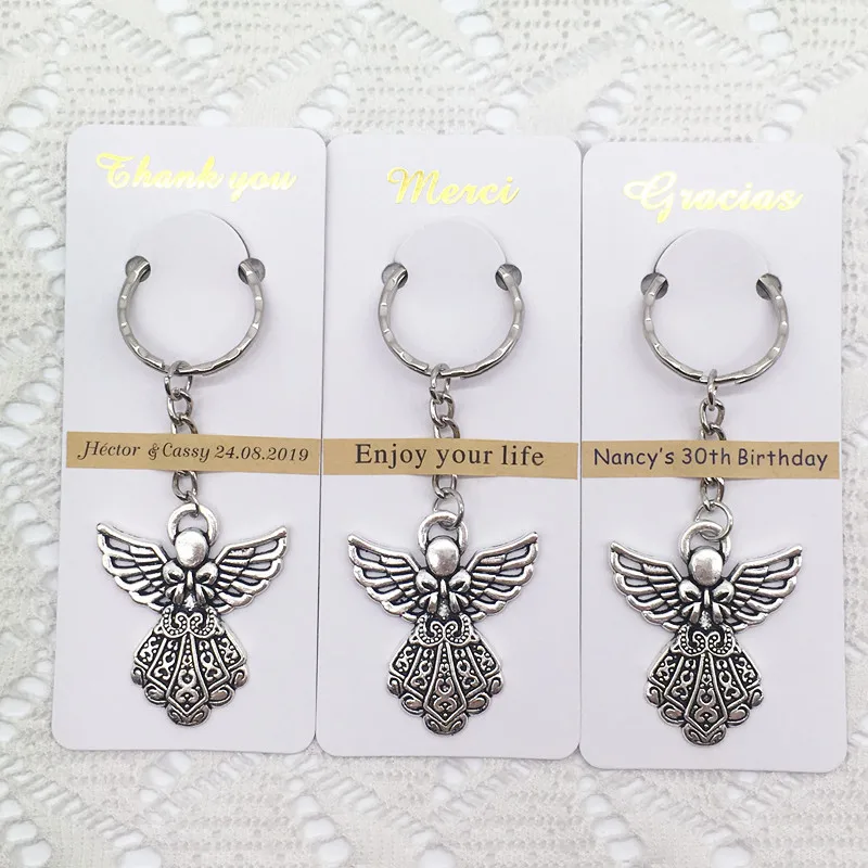 

100pcs/lot First Birthday Party Gifts Baby Shower Christening Religious Party Gifts Guardian Angel Key Ring with Customized Tag