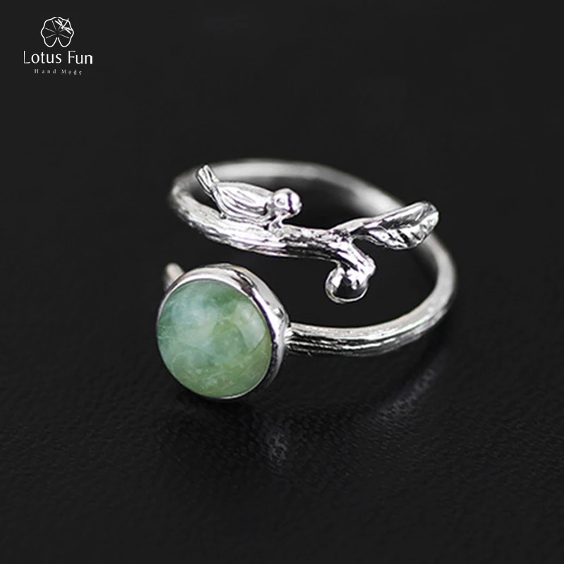 Lotus Fun Real 925 Sterling Silver Open Ring Women Natural Green Beryl Stone Handmade Designer Bird Resizable Band Fine Jewelry