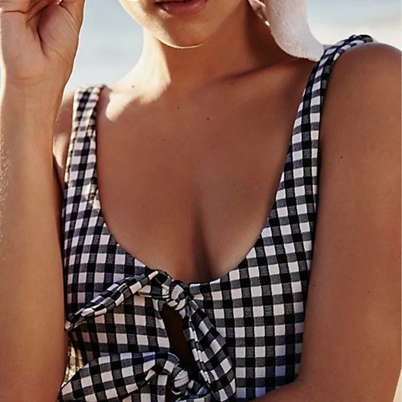 Online PLAVKY Sexy Retro Schwarz Weiß Plaid Knoten Vorn Cut Out Trikini Badeanzug Backless Monokini Bademode Frauen Ein Stück Badeanzug