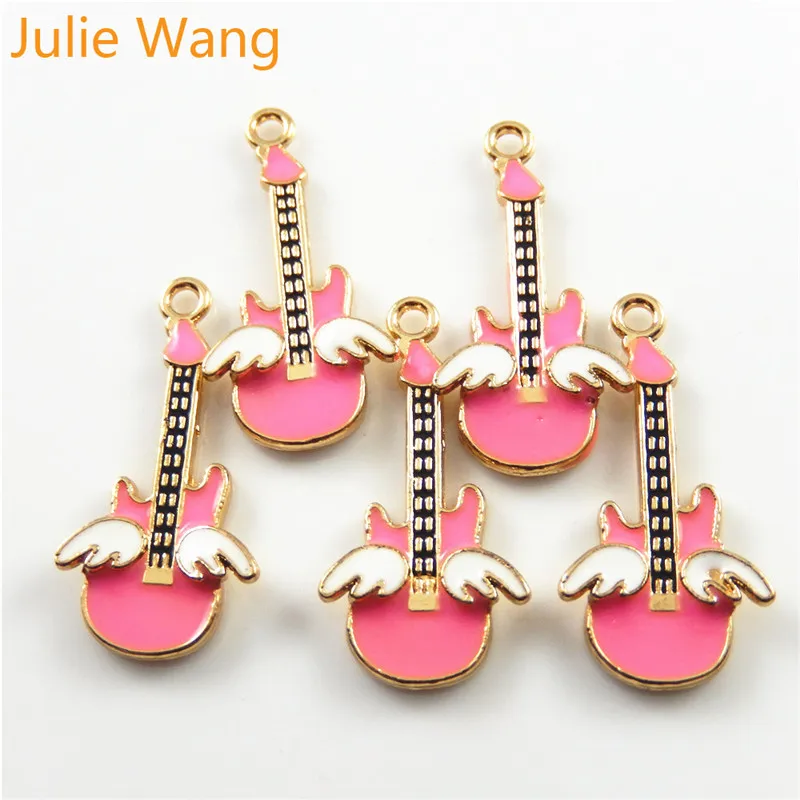 Julie Wang, 10 шт., Розовая эмаль, форма гитары, сплав, подвески, подвеска, сделай сам, браслет, ожерелье, металлические ювелирные изделия, аксессуары для изготовления