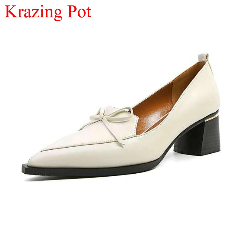 

2018 Office Lady Fashion Genuine Leather Pointed Toe Slip on Women Pumps Med Heels Solid Butterfly-knot Retro Sweet Shoes L25
