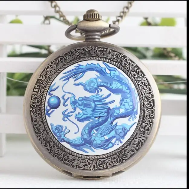 

Vintage bronze Dragon ball enamel pattern Fashion quartz Flip clock woman and man gift steam punk Pocket watch necklace