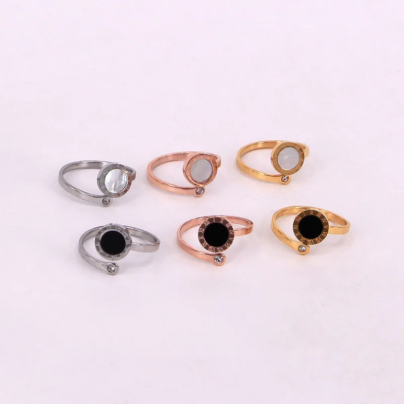 

Fashion jewelry women ring stainless steel with white shell black acrylic roman digital finger ring adjustable size girl gift