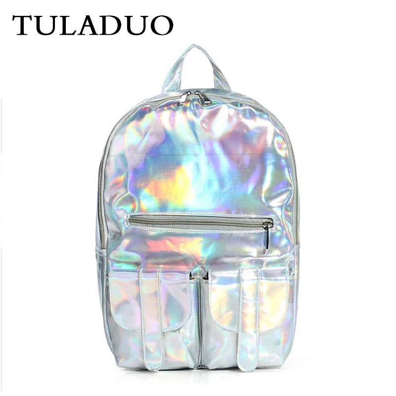 Tuladuo Women Hologram Leather Backpack Holographic Transparent Backpacks Sac a Dos School Bag For Teenagers Travel