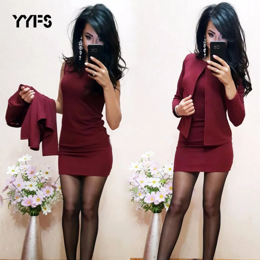 Goede YYFS Suits Dress Womens Sexy Schede O hals Mini Jurk Casual Jas Twee Stukken 2019 Nieuwe elastische kracht garnitur damski Sets blazer