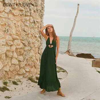

European Chiffon Summer Dress Long 2019 Women Sexy Deep V Neck Sleeveless Dress Maxi Backless A Line Beach Dress Big Swing