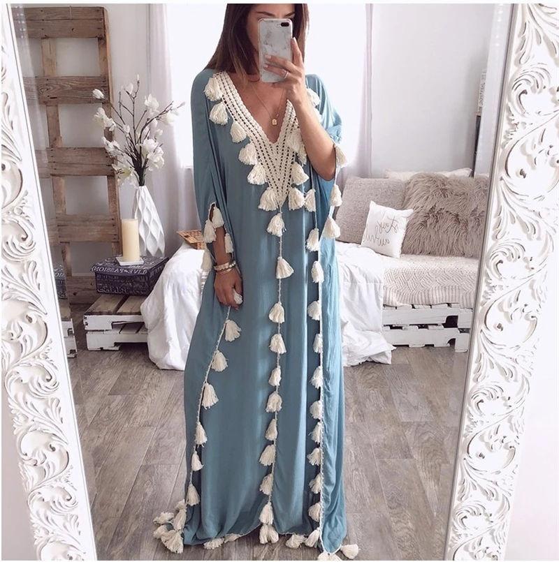 

Women's Fashion Bohemian Plus Size Summer Dress Female Fringed Beach Loose Maxi Dresses For Women Clothes Long Sleeve Maxi Dress