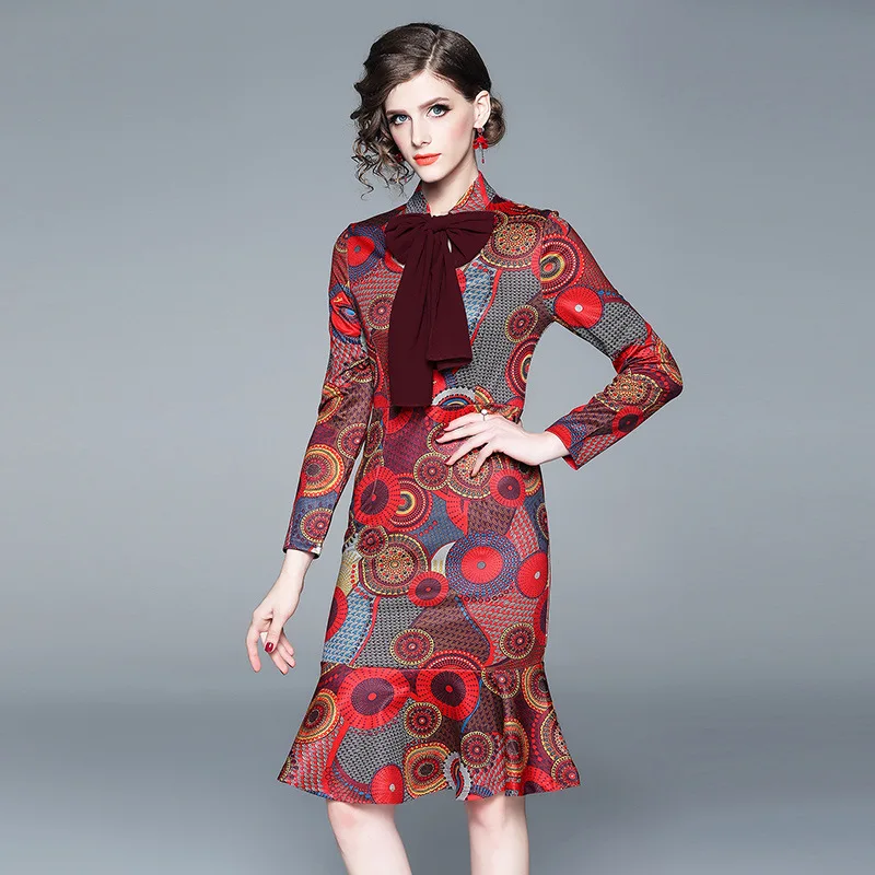 New Women dress Bow Ruffles Full Sleeve Print Slim Tail Dresses Red 3160
