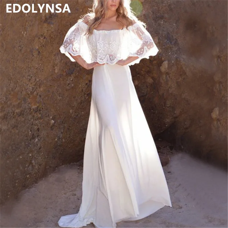 

Sexy Slash Neck Off Shoulder Ruffled Summer Beach Dress Long White Lace Tunic Women Beachwear Elegant High Waist Maxi Dress N658
