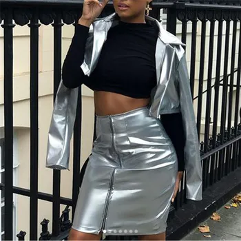 

Women Vestidos Fashion Two-piece Sets PU Jacket Bodycon Skirts Suits Cropped Tops Coat Mini Skirts Sets Faux Leather Suits