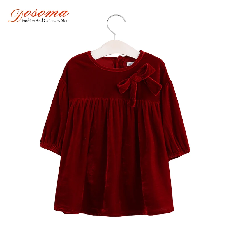 Dosoma для девочек велюровое платье весна бантом Фонари с длинными рукавами праздничное платье принцессы зимние кнопка «назад» Детские Платья для девочек, одежда