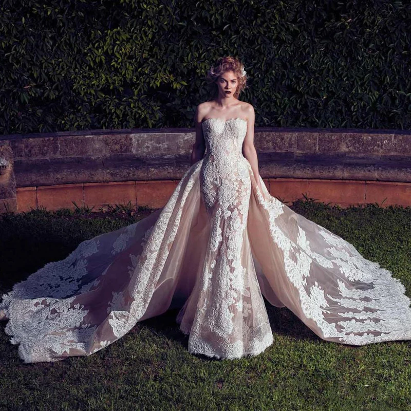 

Haute Couture Luxury Mermaid Wedding Dresses with Detachable Train 2019 Lace Applique Exquisite Bridal Party Dress Vestido noiva