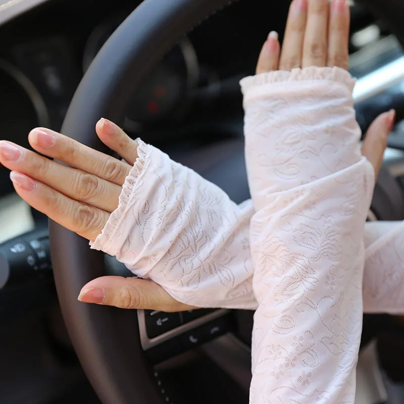 Summer Ice Silk Women Gloves Sun Protection Anti-UV Long  Fingerless Mittens Half Finger Hand Sleeve Ladies Driving Gloves (6)