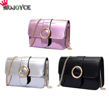

2018 New Women Chain Patent Leather Handbag Shoulder Flap Mirror Party Messenger Bag Round Button Chain Flap Mini Crossbody Bag