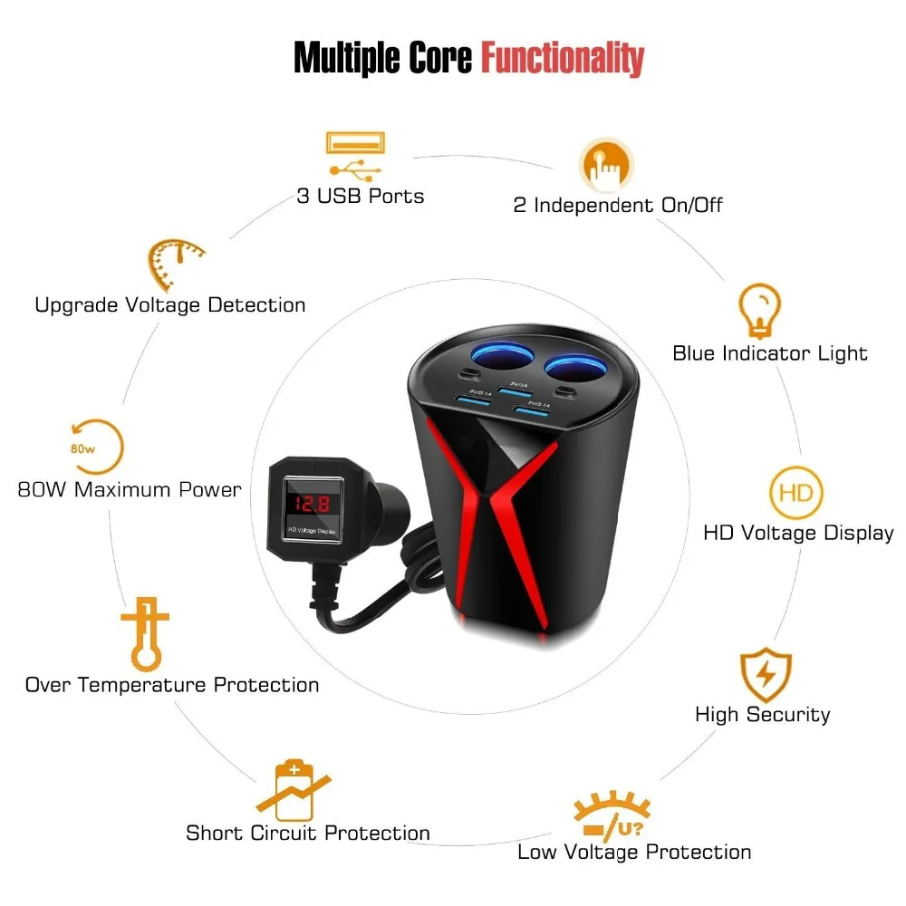

BestSales Car Charger Cup Holder with Dual Cigarette Lighter Sockets Triple USB Ports For Mobile Multi-Function Display Voltage