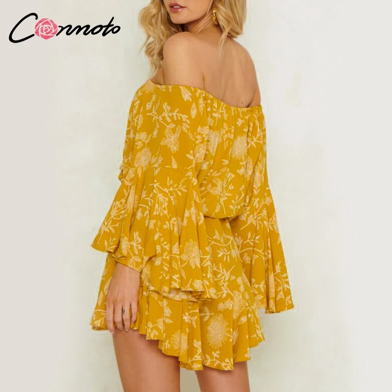 Conmoto Ruffles Summer Vintage Women Casual Playsuits Print Off Shoulder 2019 Short Jumpsuit Rompers Bohemian Playsuit