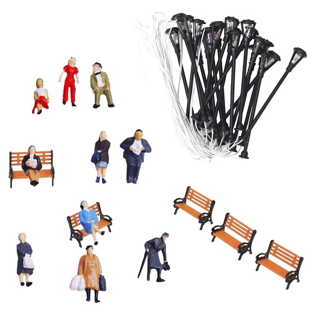 24 People Figures/5 Bench/20 Lamppost Lights Model Train RR Scenery HO Scale 24 People Figures/5 Bench/20 Lamppost Lights Model Train RR Scenery HO Scale