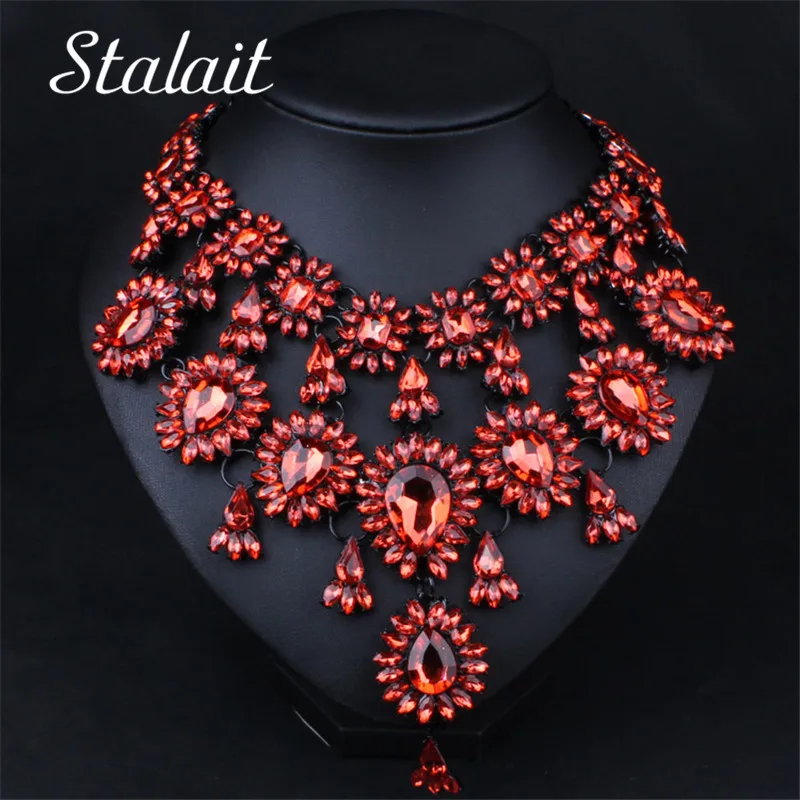 

Luxury Women Gothic Multi-layer Crystal Wedding Bridal Jewelry Set Flower Water Drop Necklace Earring Jewelry Set