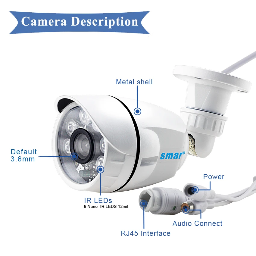 Цилиндрическая IP камера Smar HD 720P 960P 1080P с аудио Onvif уличная Водонепроницаемая