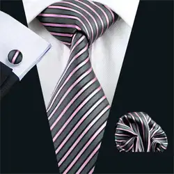 Fa-307 Мужские Галстук серый в полоску 100% шелк жаккард галстук Ханки Запонки Комплект Бизнес Свадебная вечеринка Галстуки для Для мужчин;