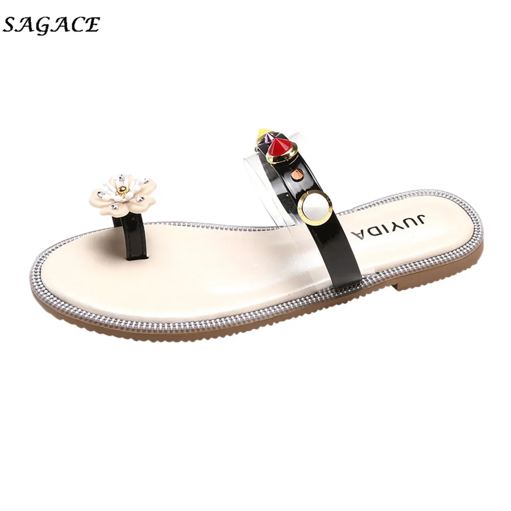 

SAGACE Shoes Women Rhinestone Flat Beach Slippers Girls Lady Open-Toe Flower Round Head Casual Summer Plastic Pearl Slippers