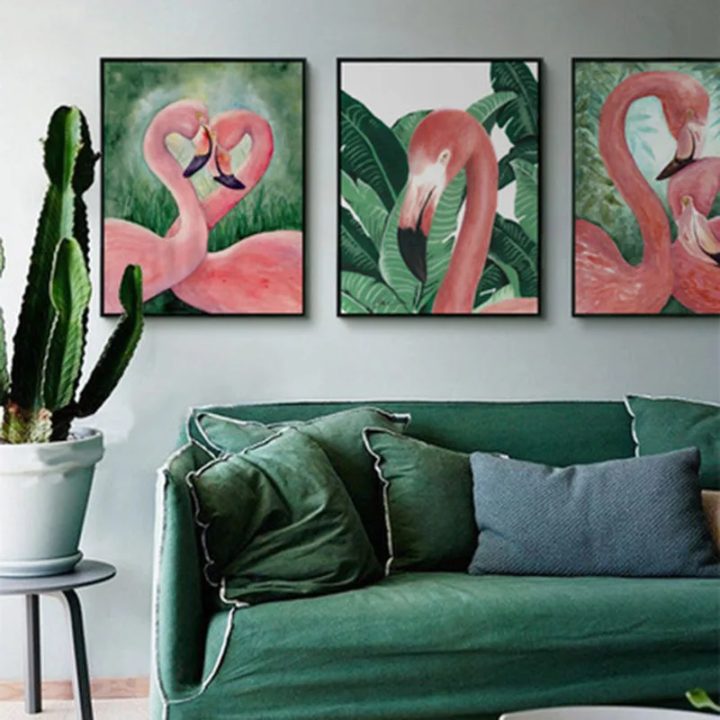 

A Couple of Pink Flamingos Green Leaves Feather Sharp Mouth Artistic Beauty Art Picture Canvas Posters for Home Decoration