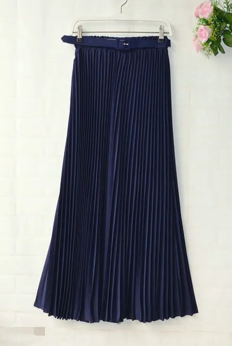 Womens Skirt Belt High Waist Solid Color Retro Maxi Chiffon Pleated Elegant Long Skirt Summer Skirt Womens New 13 Styles - Цвет: Navy Blue